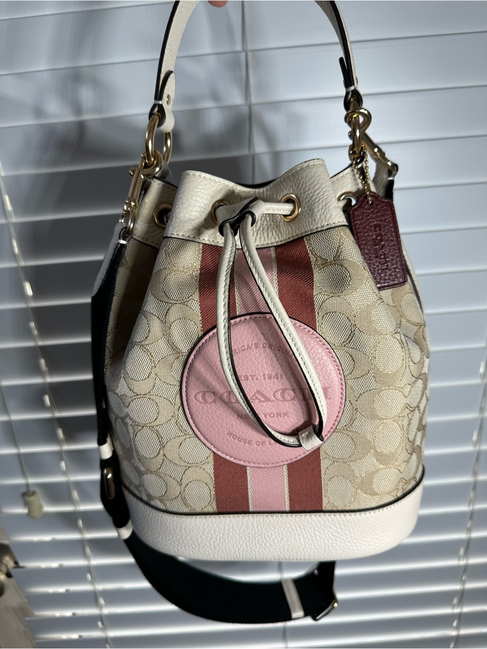 Coach Dempsey 19 Beige Signature Bucket Bag with Pink and Rose Accents